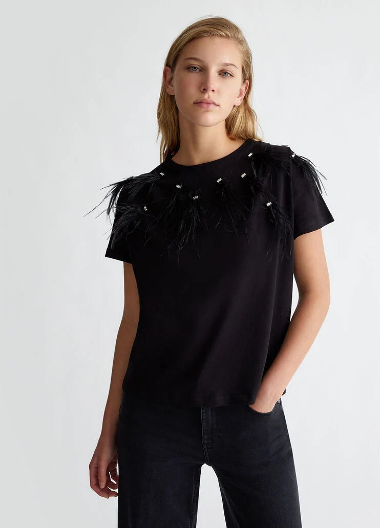 T-shirt with bejewelled feather detailing