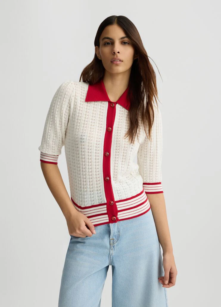 White and red knit cardigan