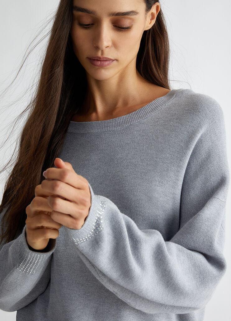 Crew-neck sweater with rhinestones