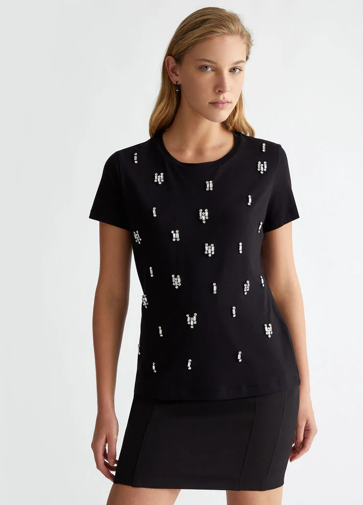 Cotton T-shirt with rhinestones