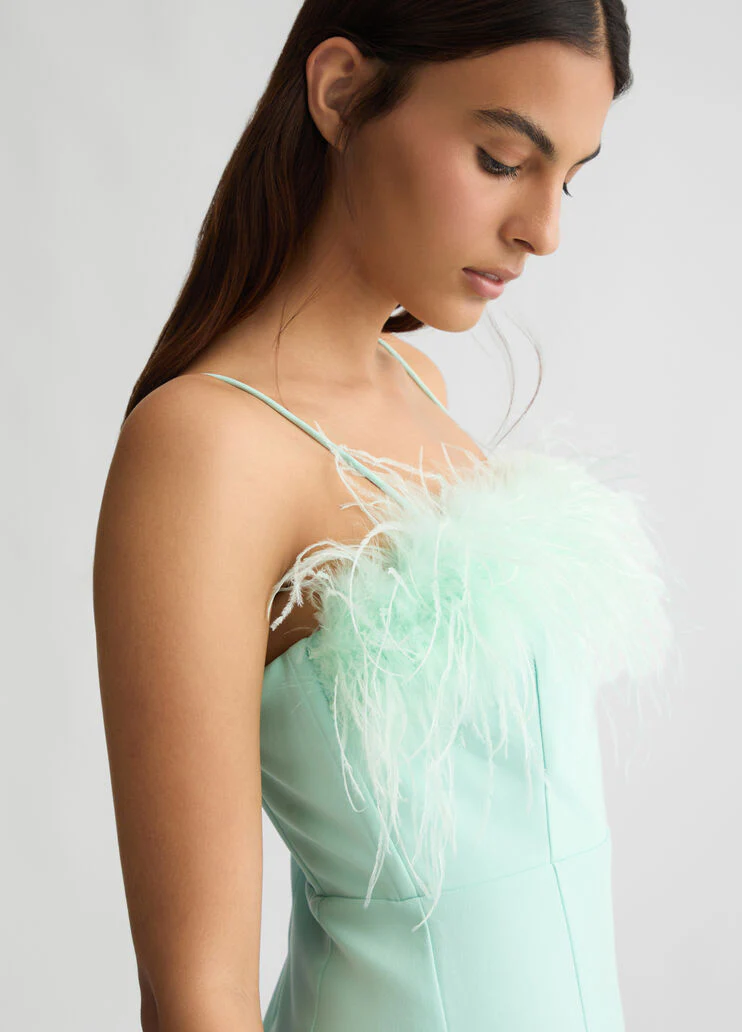 Elegant aqua green dress with feathers