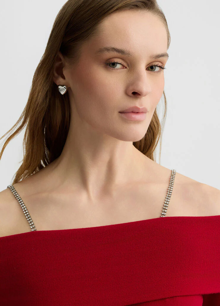 Off-the-shoulder jumper with bejewelled gemstones