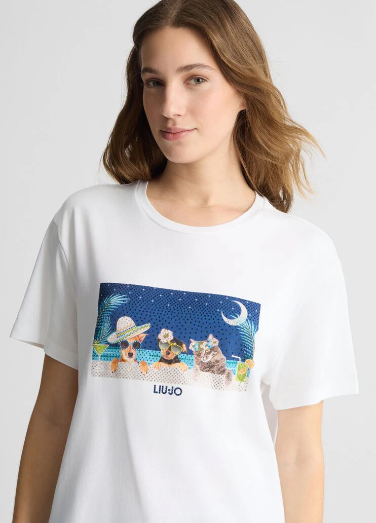 Printed T-shirt with rhinestones