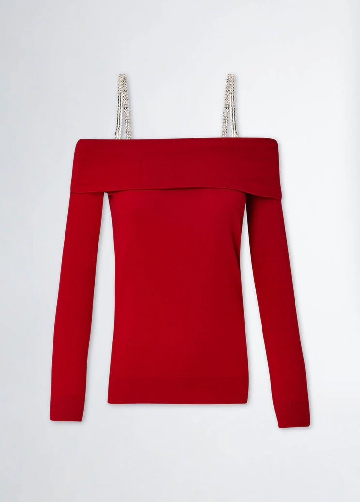 Off-the-shoulder jumper with bejewelled gemstones