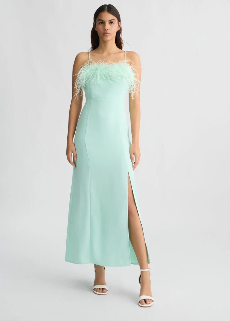 Elegant aqua green dress with feathers