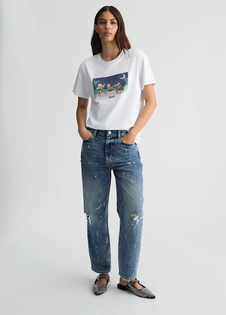 Printed T-shirt with rhinestones