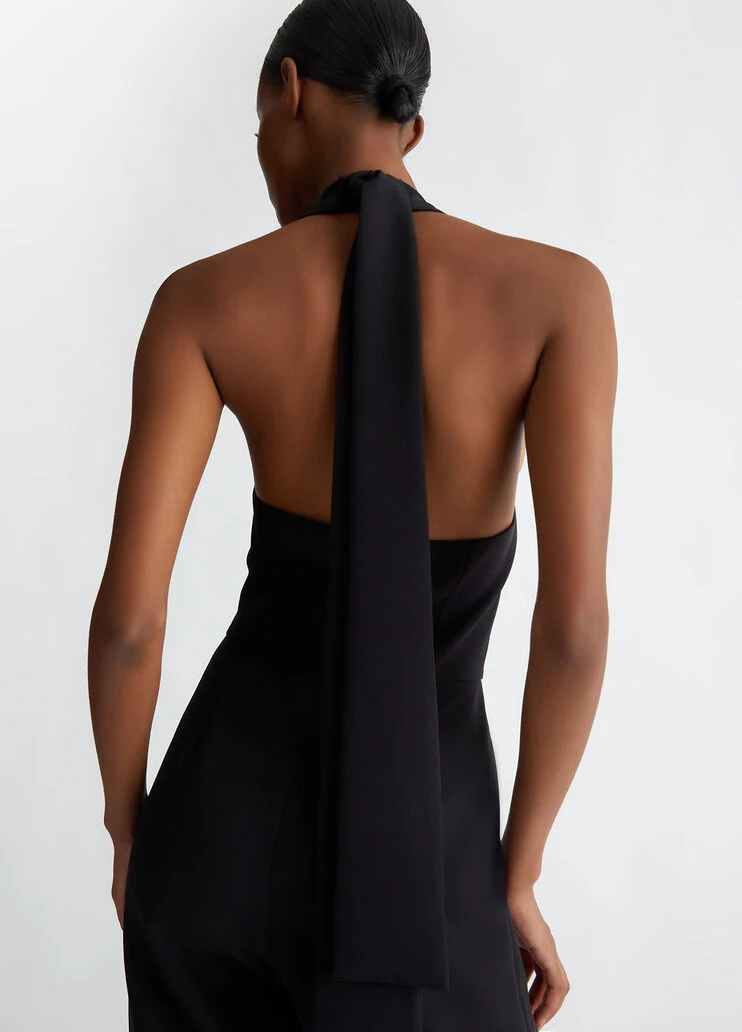 Stretch jumpsuit with pussy-bow