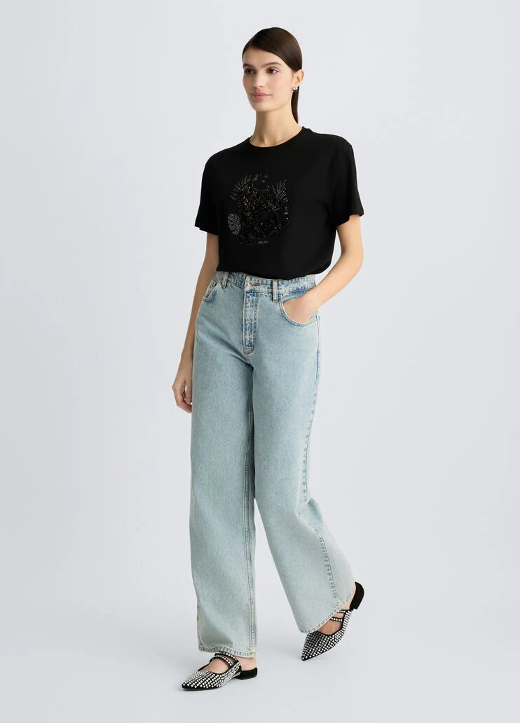 Cotton T-shirt with sequins and rhinestones