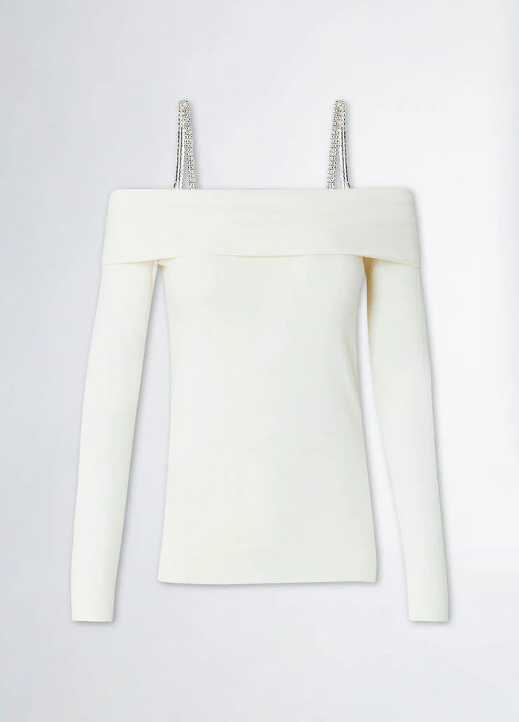 Off-the-shoulder jumper with bejewelled gemstones