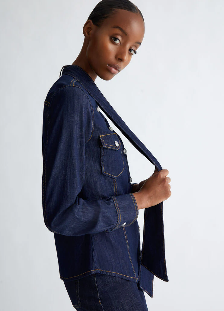 Denim pussy-bow shirt