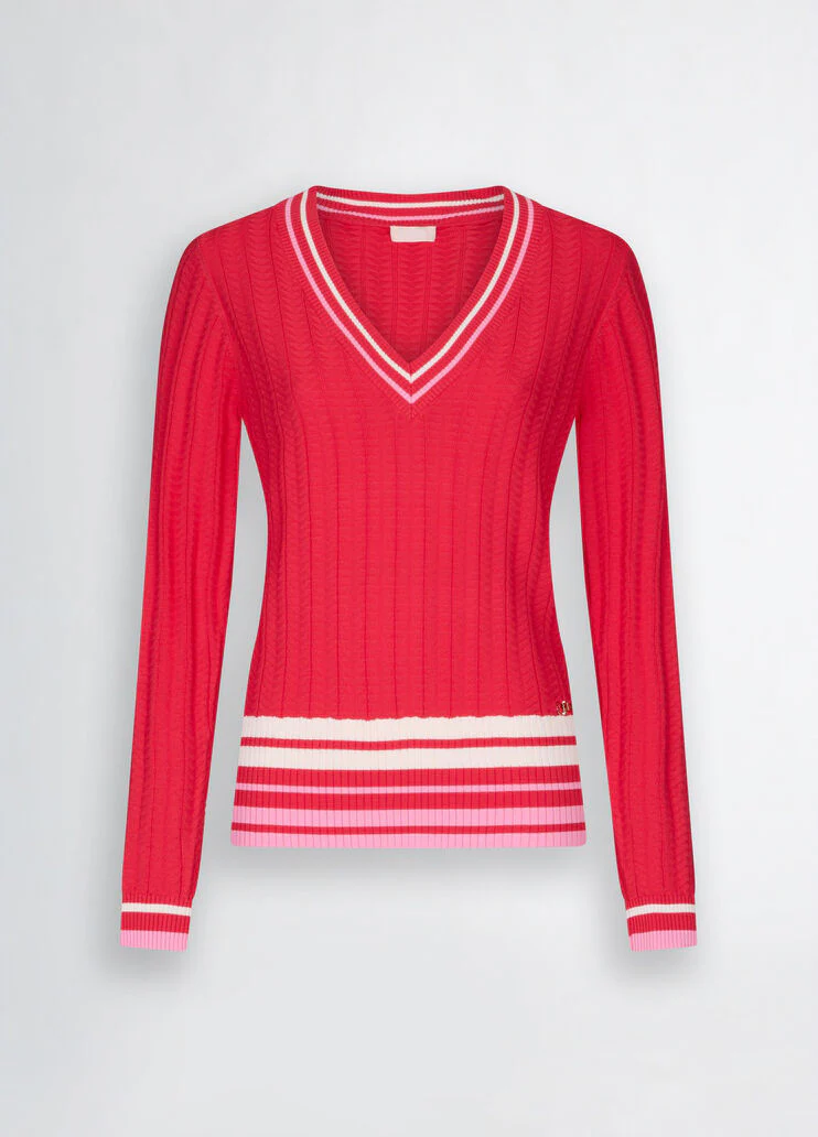 Red V-neck jumper