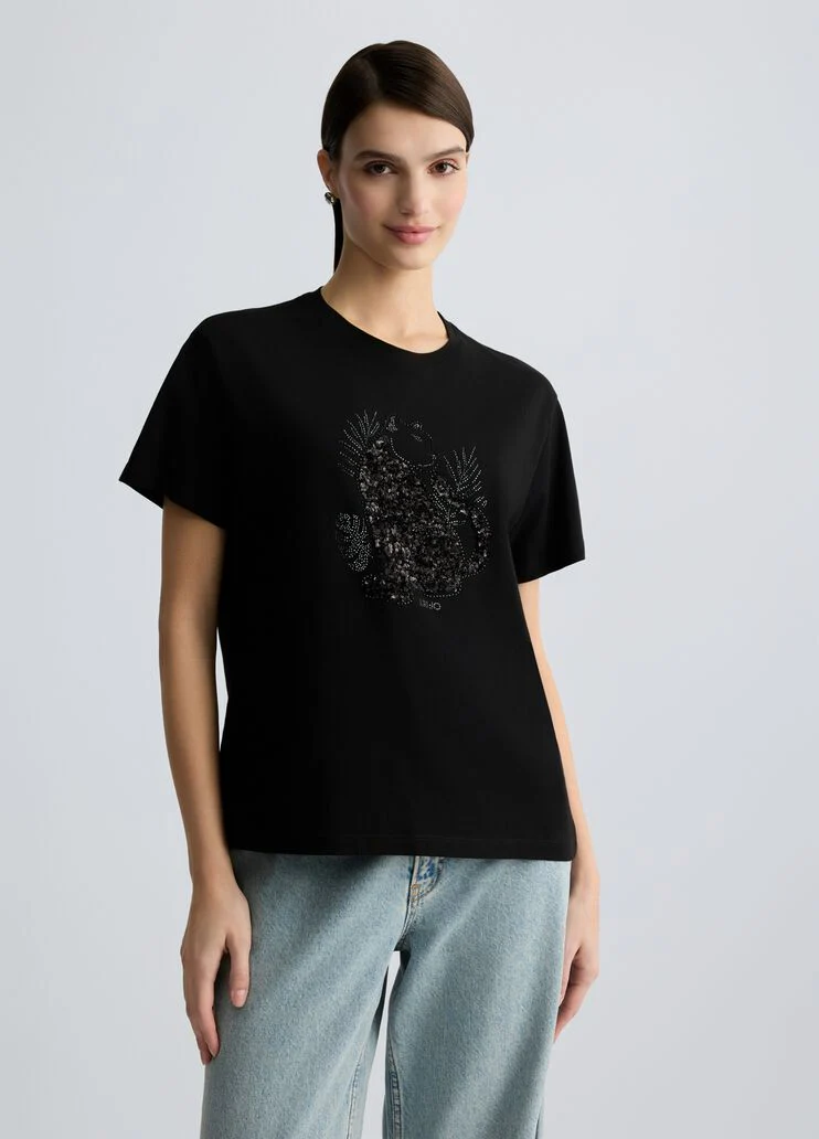 Cotton T-shirt with sequins and rhinestones