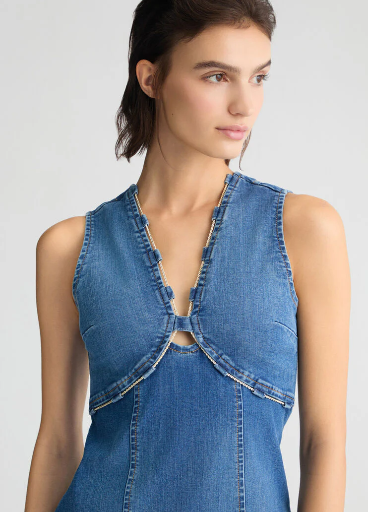 Denim dress with bejewelled chain