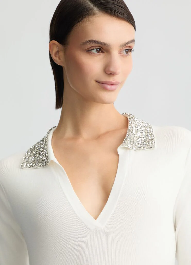 White polo shirt with bejewelled embellishment