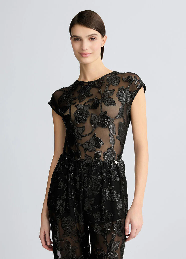 Embellished tulle bodysuit top