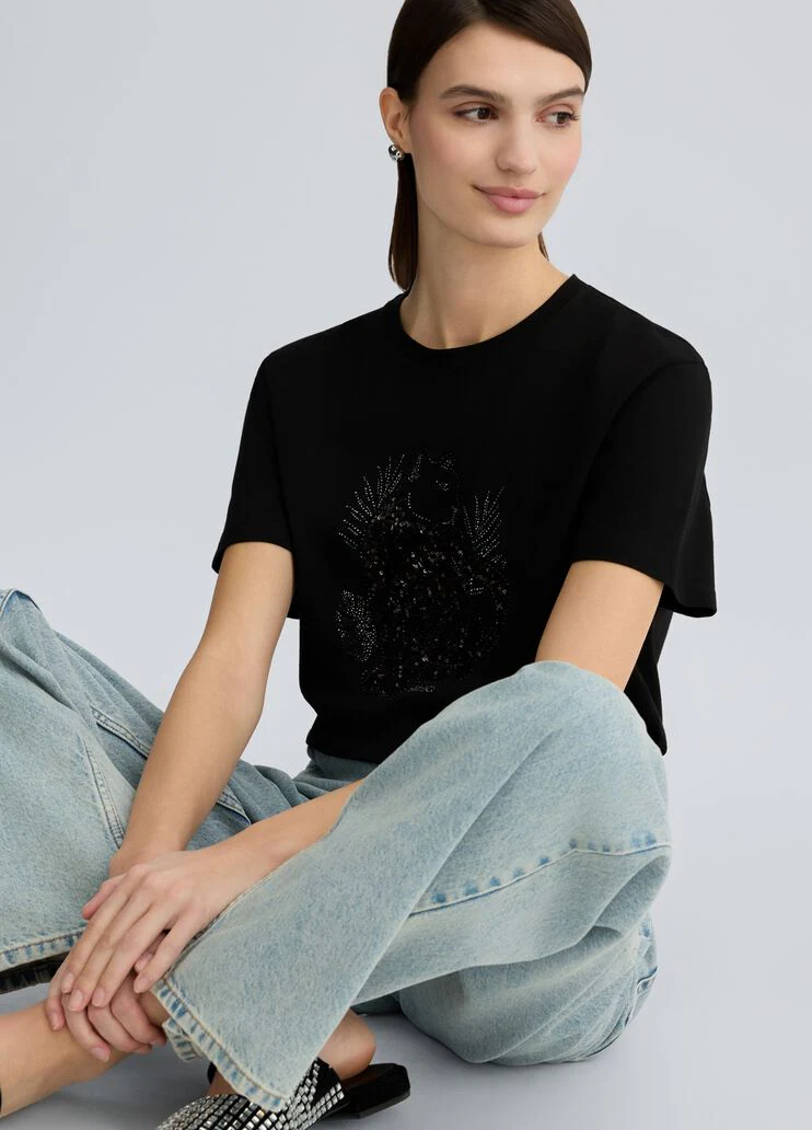 Cotton T-shirt with sequins and rhinestones