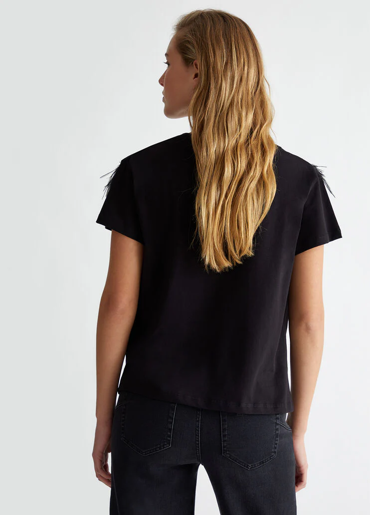 T-shirt with bejewelled feather detailing