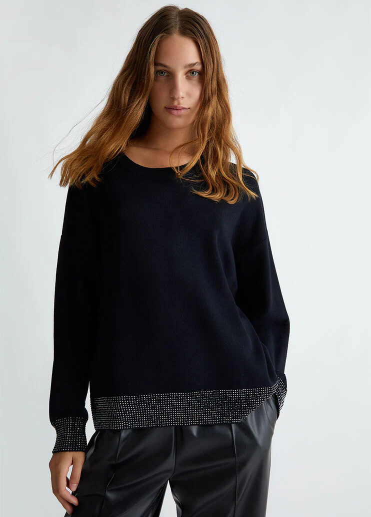 Crew-neck sweater with rhinestones
