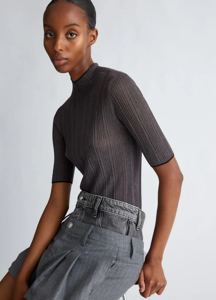 Pinstripe twill and denim miniskirt