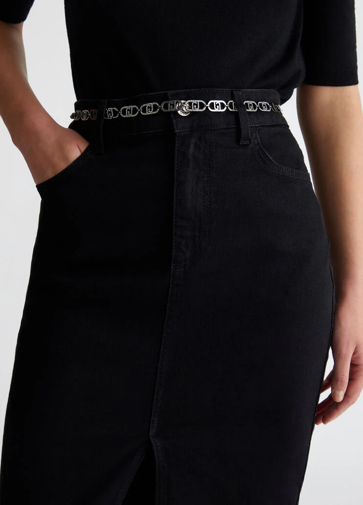 Denim skirt with branded belt