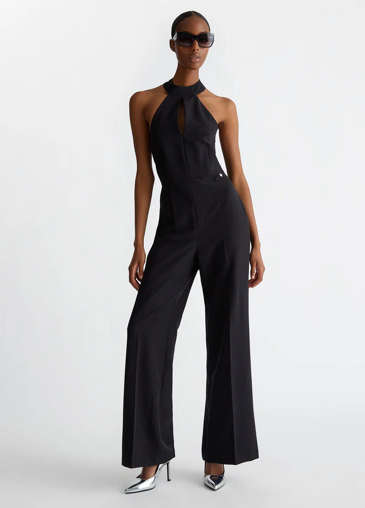 Stretch jumpsuit with pussy-bow