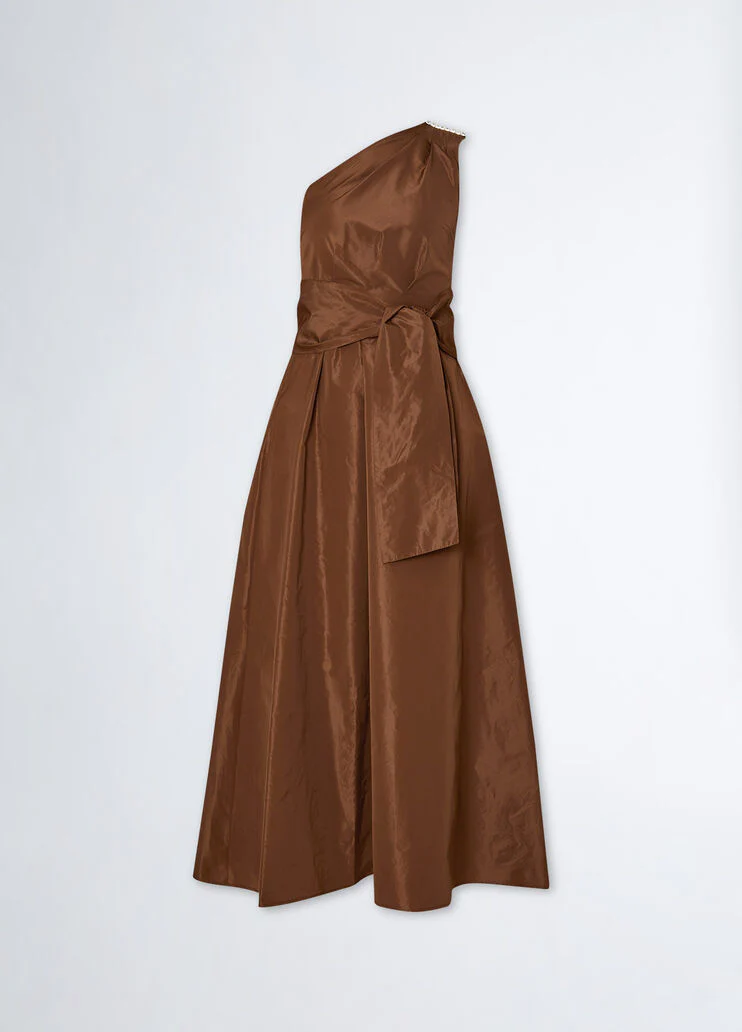 Brown one-shoulder taffeta dress