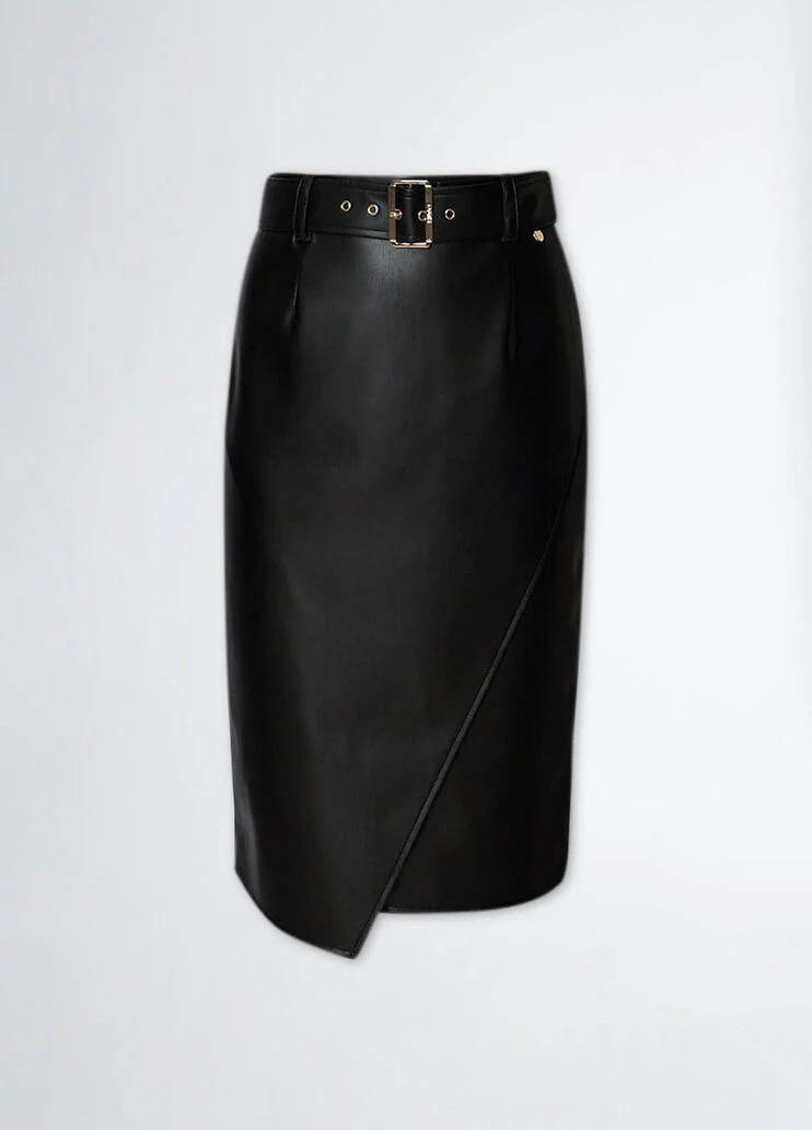Black coated fabric midi skirt