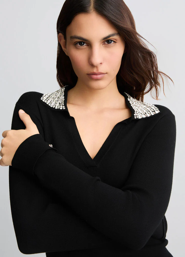 Black polo shirt with bejewelled embellishment