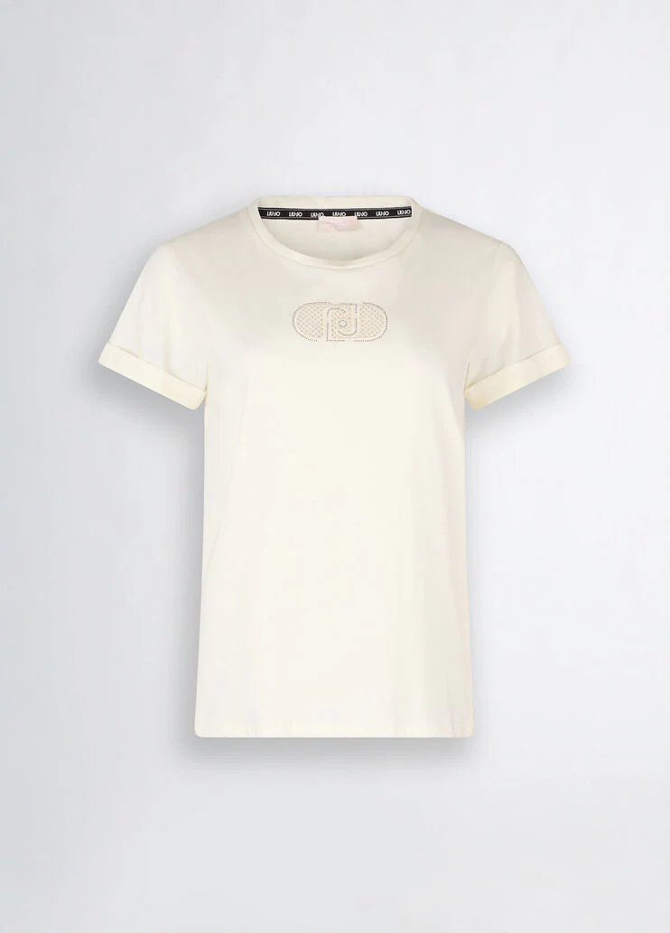 Cotton T-shirt with logo and rhinestones