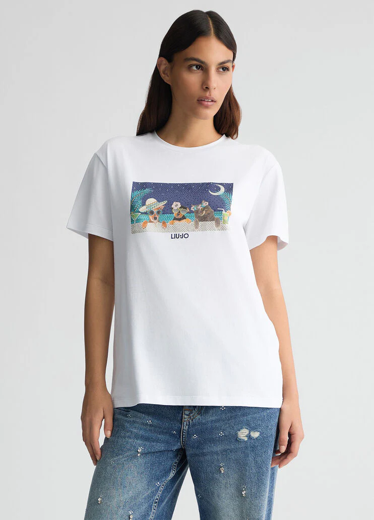 Printed T-shirt with rhinestones