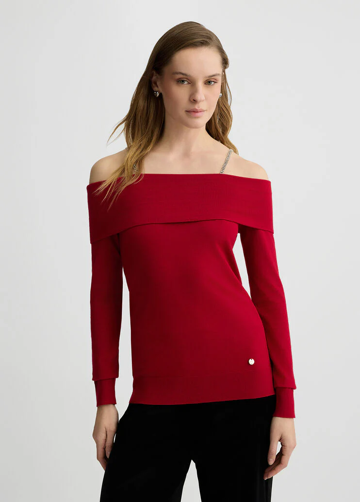 Off-the-shoulder jumper with bejewelled gemstones