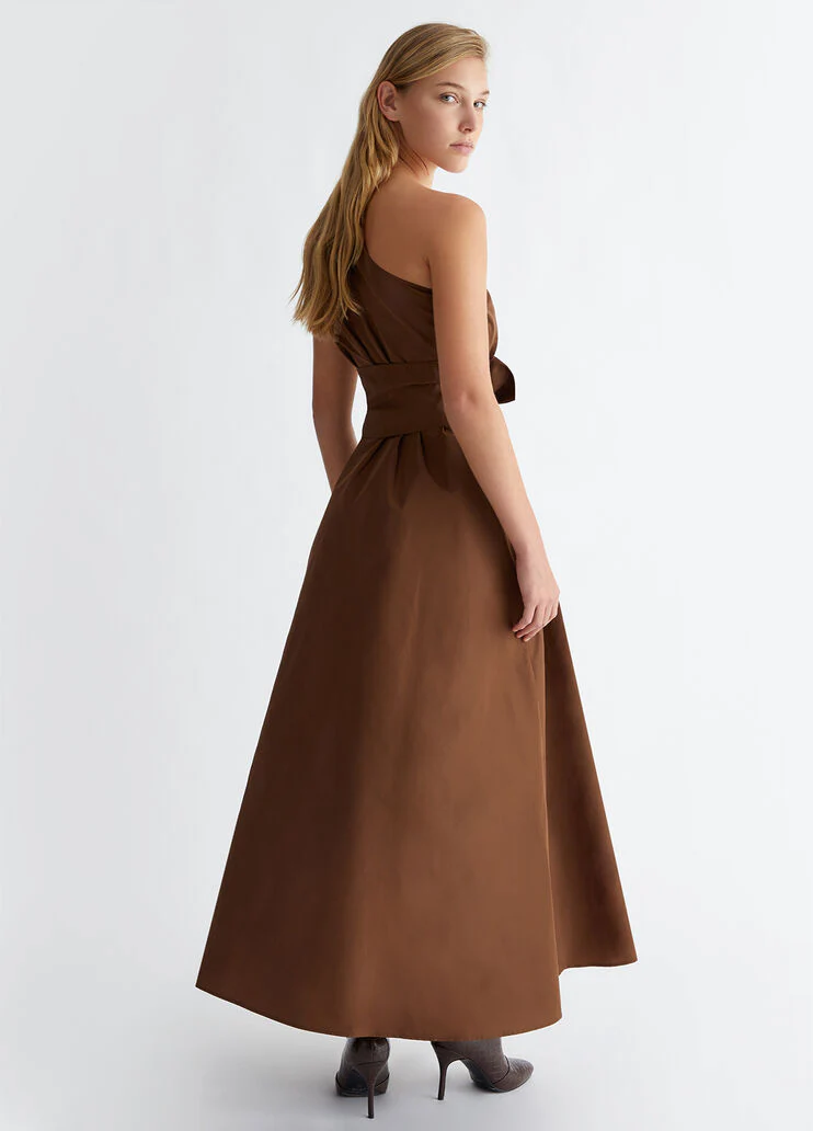 Brown one-shoulder taffeta dress