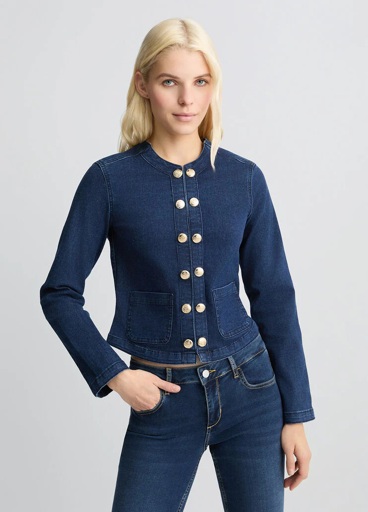 Denim jacket with bejewelled chain