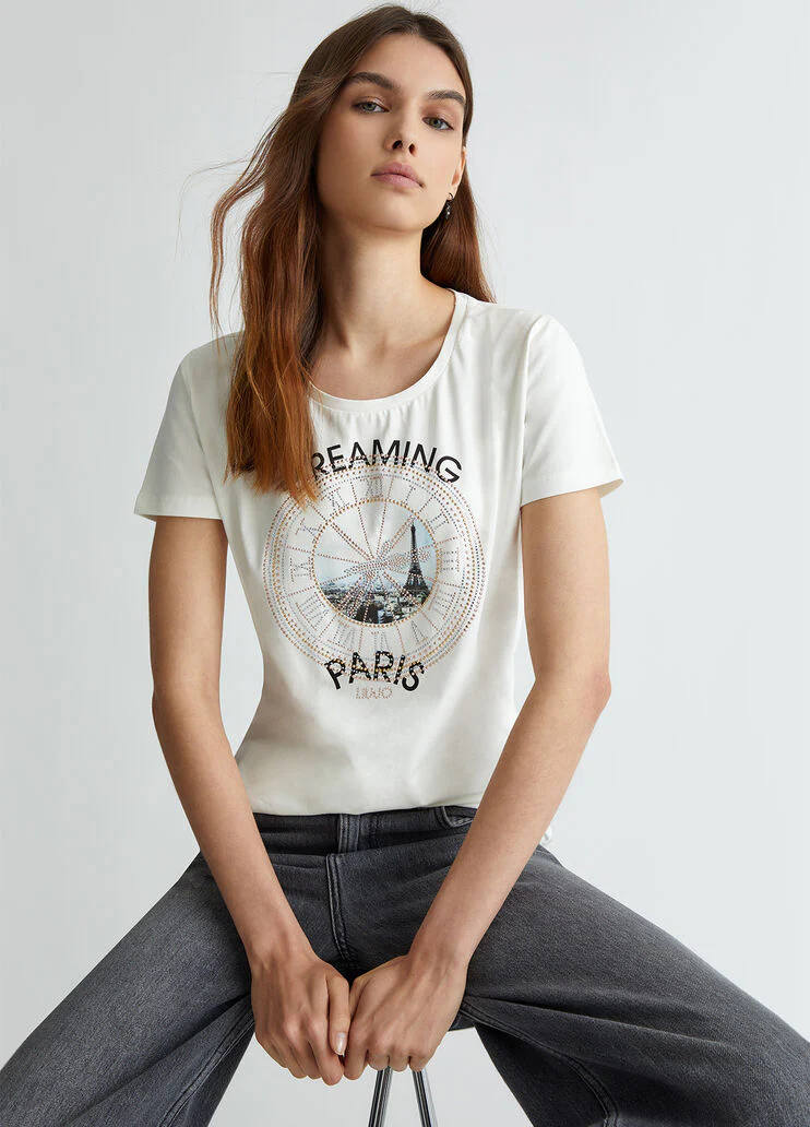 Printed T-shirt with rhinestones