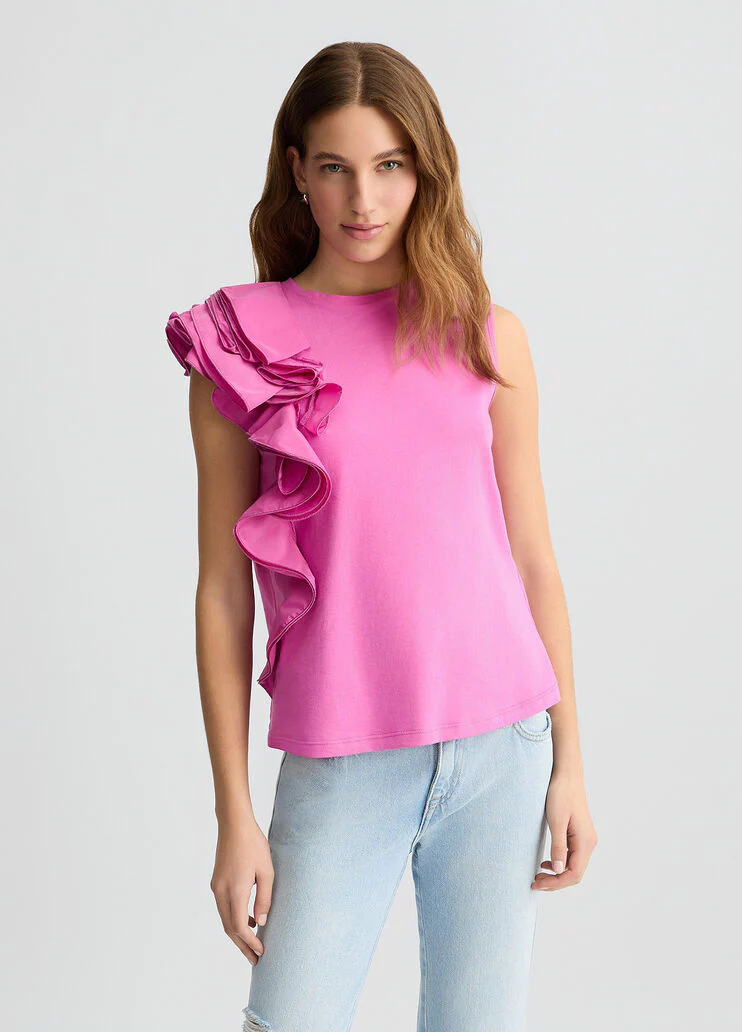 Peony pink T-shirt with flounced detailing