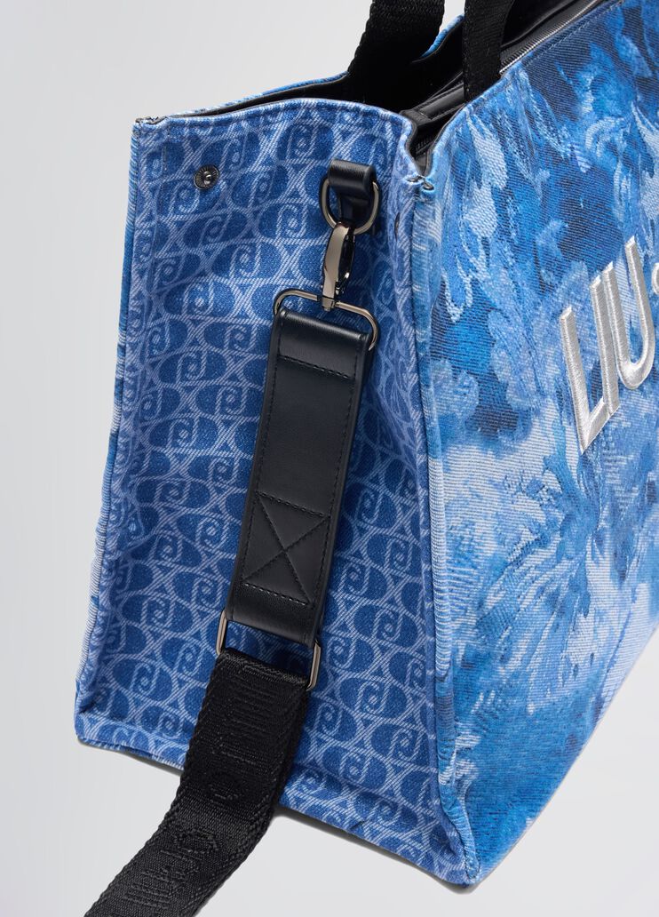 Printed blue denim tote bag