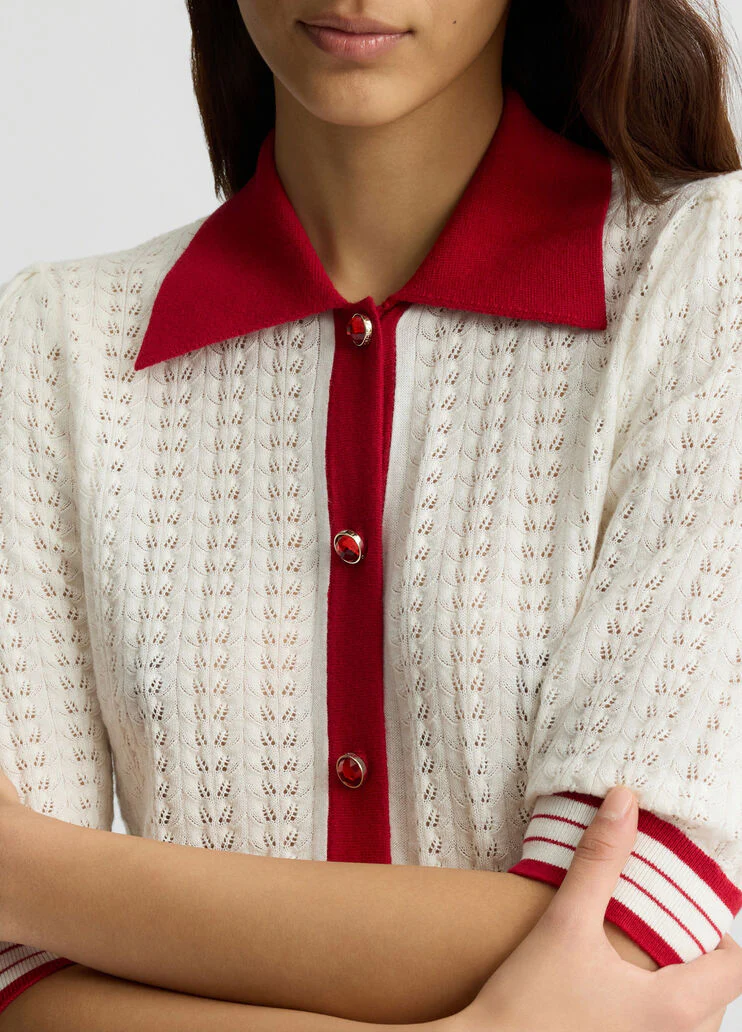 White and red knit cardigan