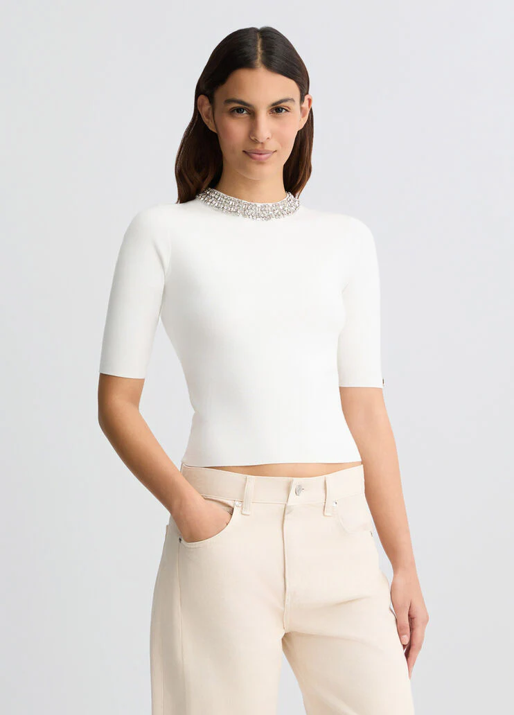 White crop top with bejewelled embellishment