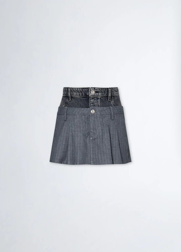 Pinstripe twill and denim miniskirt