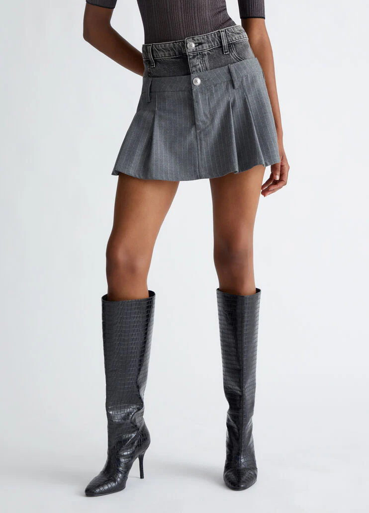 Pinstripe twill and denim miniskirt