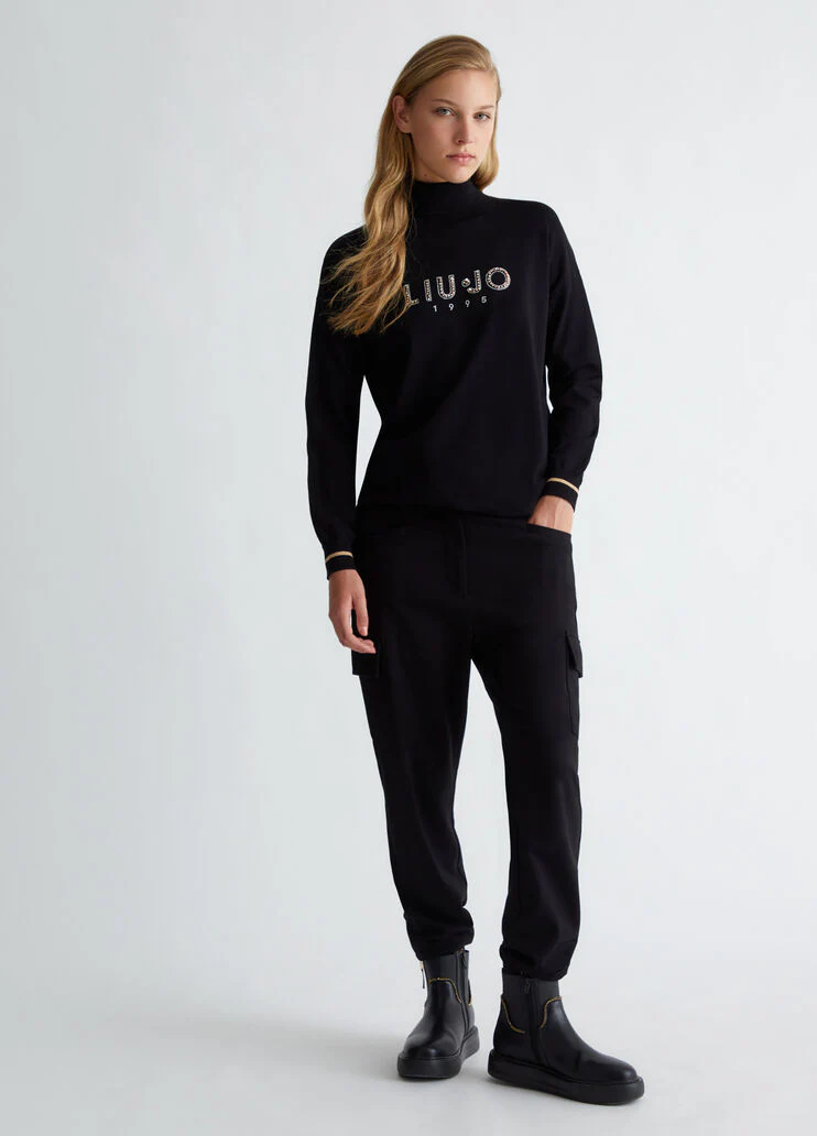 Turtleneck with logo and rhinestones