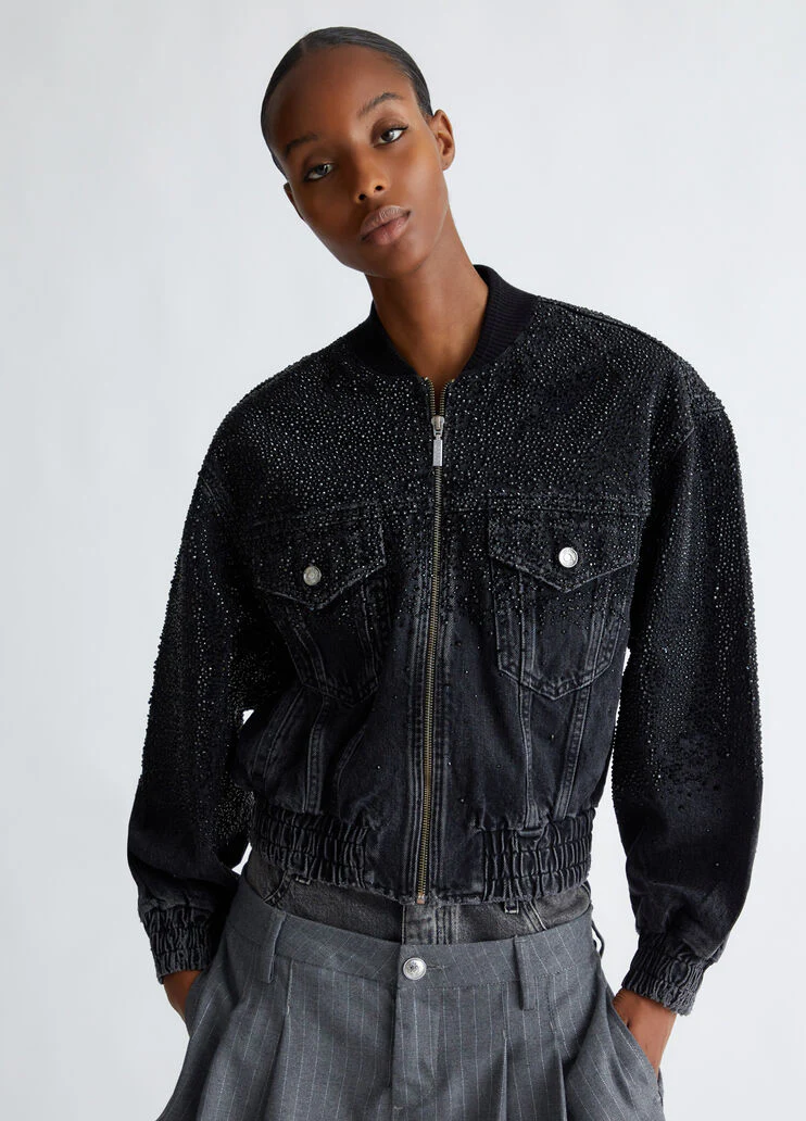 Denim bomber jacket with rhinestones