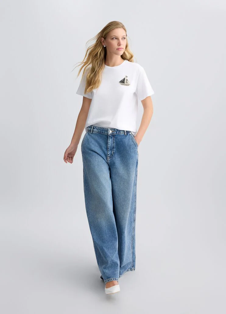 Cotton T-shirt with embroidery and rhinestones