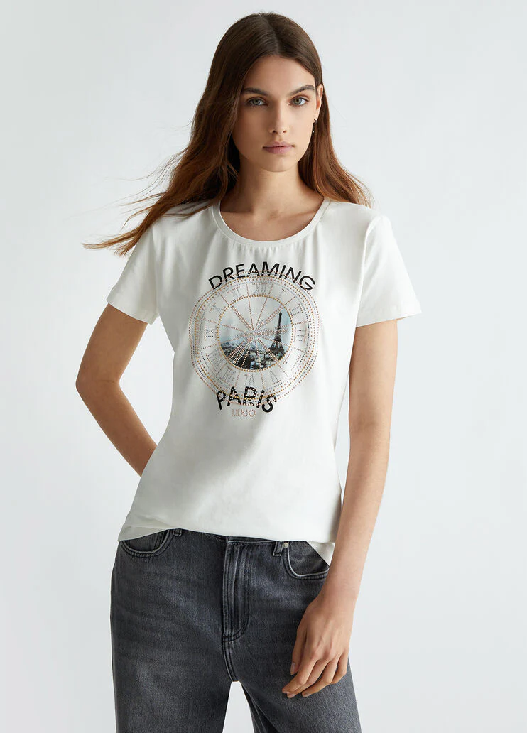 Printed T-shirt with rhinestones