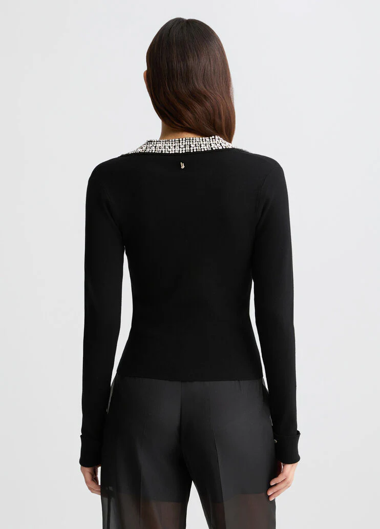 Black polo shirt with bejewelled embellishment