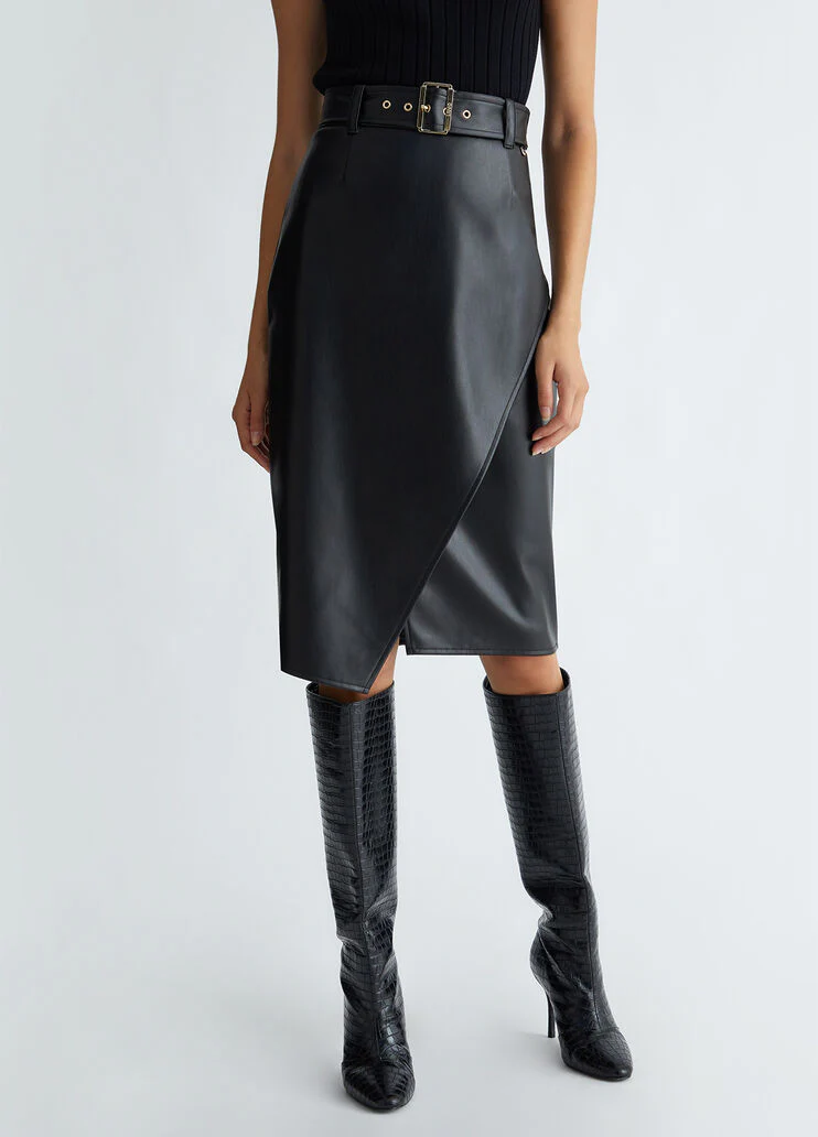 Black coated fabric midi skirt