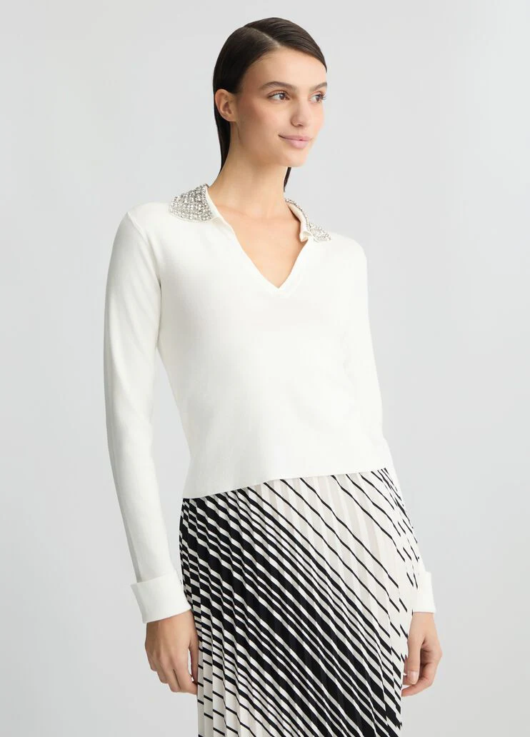 White polo shirt with bejewelled embellishment