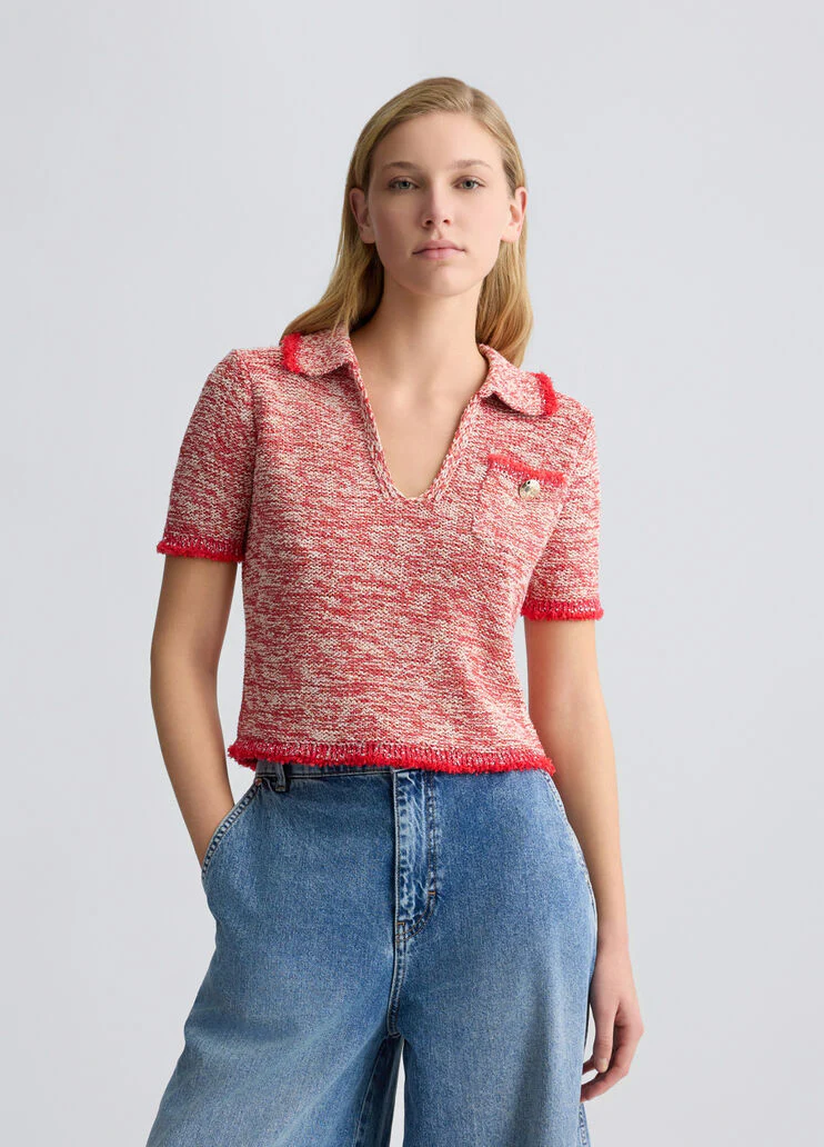 Red knit polo shirt