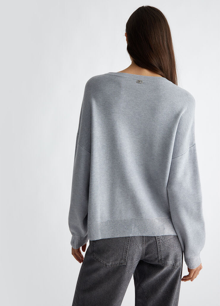 Crew-neck sweater with rhinestones