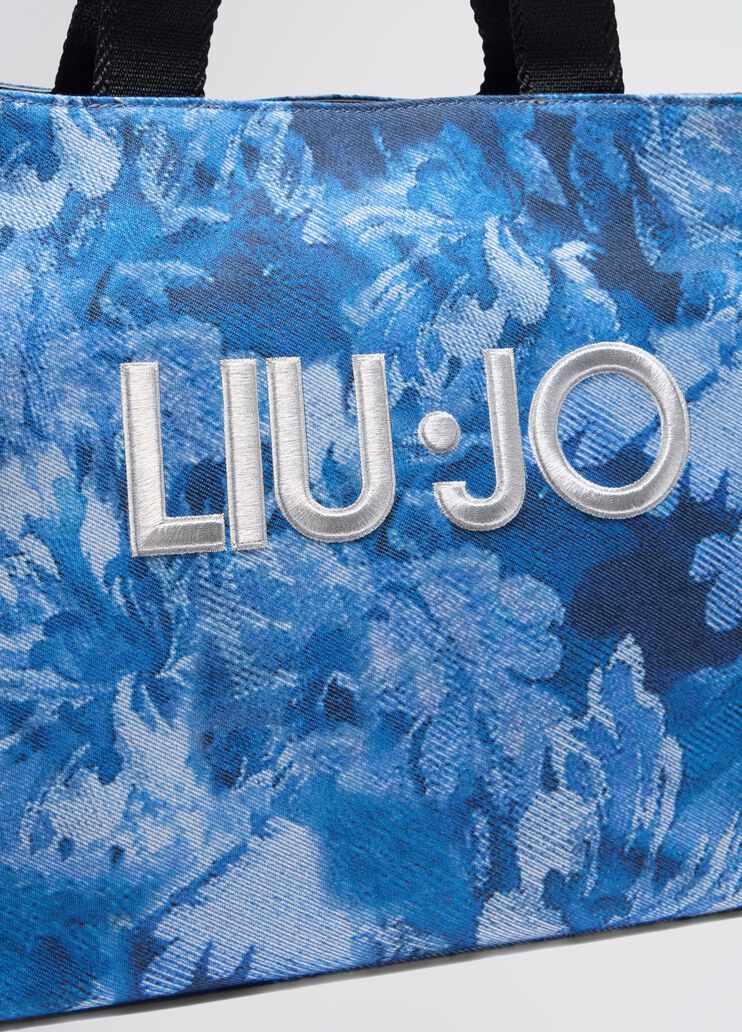 Printed blue denim tote bag